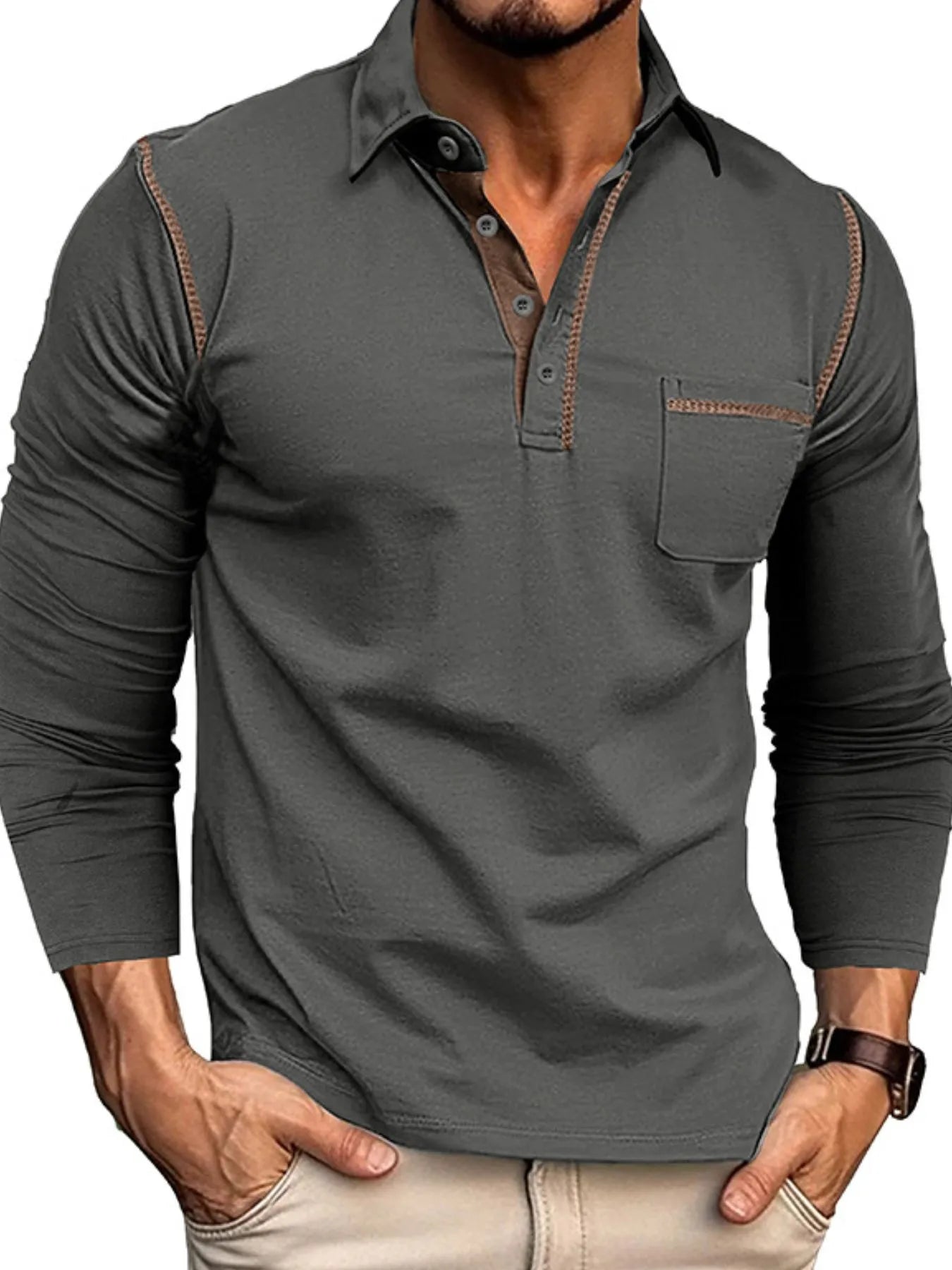 Men's Long Sleeve Polo Shirt with Contrast Stitching - Premium Men's Polo shirt from Trendsi - Just $39.99! Shop now at Handbags Specialist Headquarter