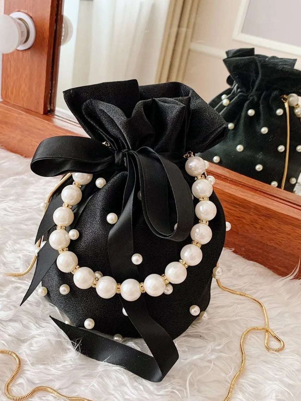 Pearl Detail Solid Color Bucket Bag - Premium Crossbody Bag from Trendsi - Just $27.99! Shop now at Handbags Specialist Headquarter