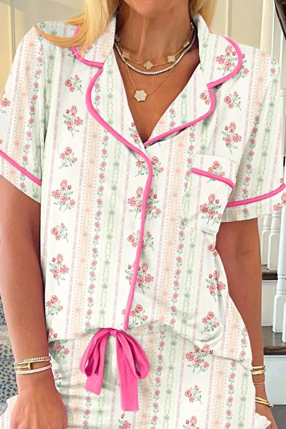 Printed Button Up Short Sleeve Top and Shorts Lounge Set - Premium Sleepwear from Trendsi - Just $48.99! Shop now at Handbags Specialist Headquarter