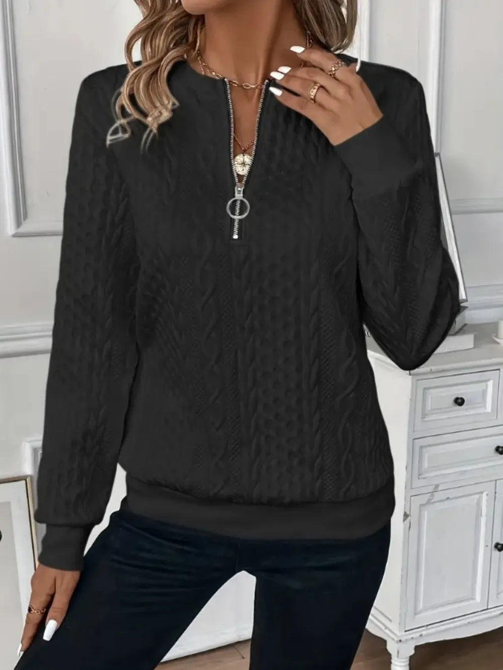 Texture Half Zip Long Sleeve Sweatshirt - Premium Tops from Trendsi - Just $22.16! Shop now at Handbags Specialist Headquarter