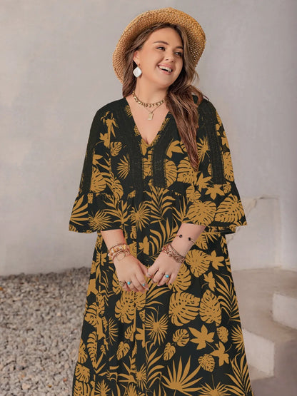Plus Size Lace Detail Tropical Print Three-Quarter Sleeve Maxi Dress - Premium Dresses from Trendsi - Just $42.99! Shop now at Handbags Specialist Headquarter