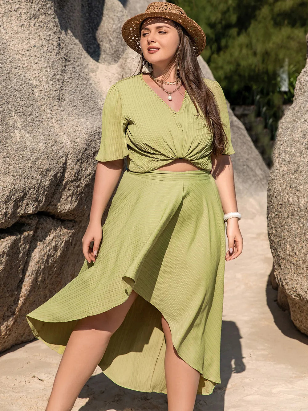 Plus Size V-Neck Half Sleeve Top and High-Low Skirt Set - Premium  from Trendsi - Just $47.99! Shop now at Handbags Specialist Headquarter
