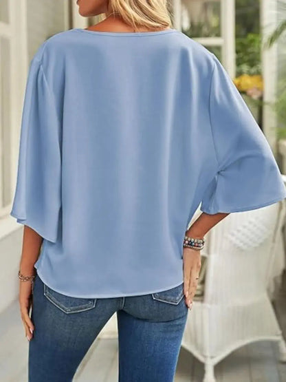 Full Size Ruched Three-Quarter Sleeve Blouse Plus Size.