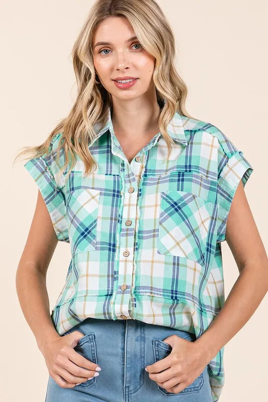 Mittoshop Mineral Wash Plaid Button Down Shirt - Premium Women's Down Shirt Tops from Trendsi - Just $51.26! Shop now at Handbags Specialist Headquarter