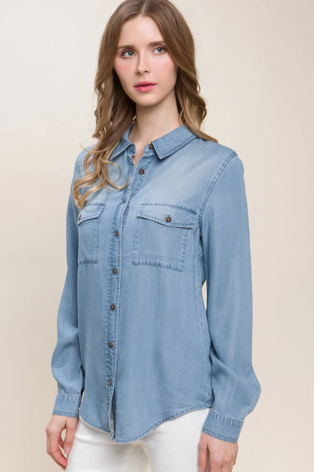 Love Tree Scooped Hem Button Up Denim Shirt - Premium Women / Jeans & Denim from Trendsi - Just $37.82! Shop now at Handbags Specialist Headquarter