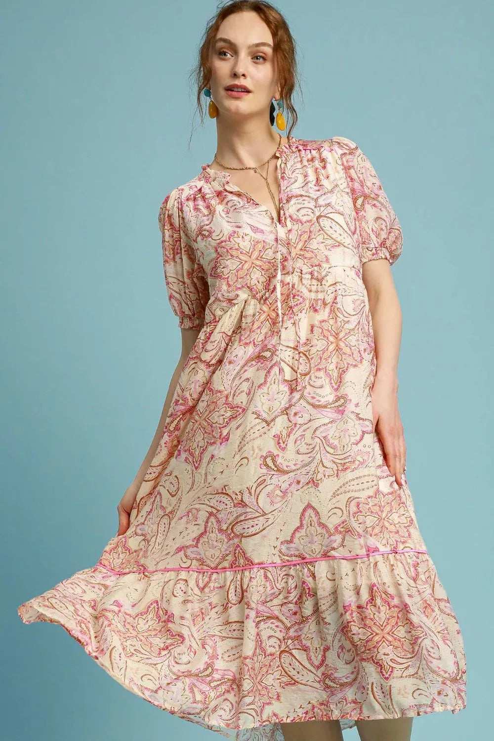 Umgee Full Size Printed Puff Short Sleeve Midi Dress Plus Size - Premium Dresses from Trendsi - Just $58.99! Shop now at Handbags Specialist Headquarter