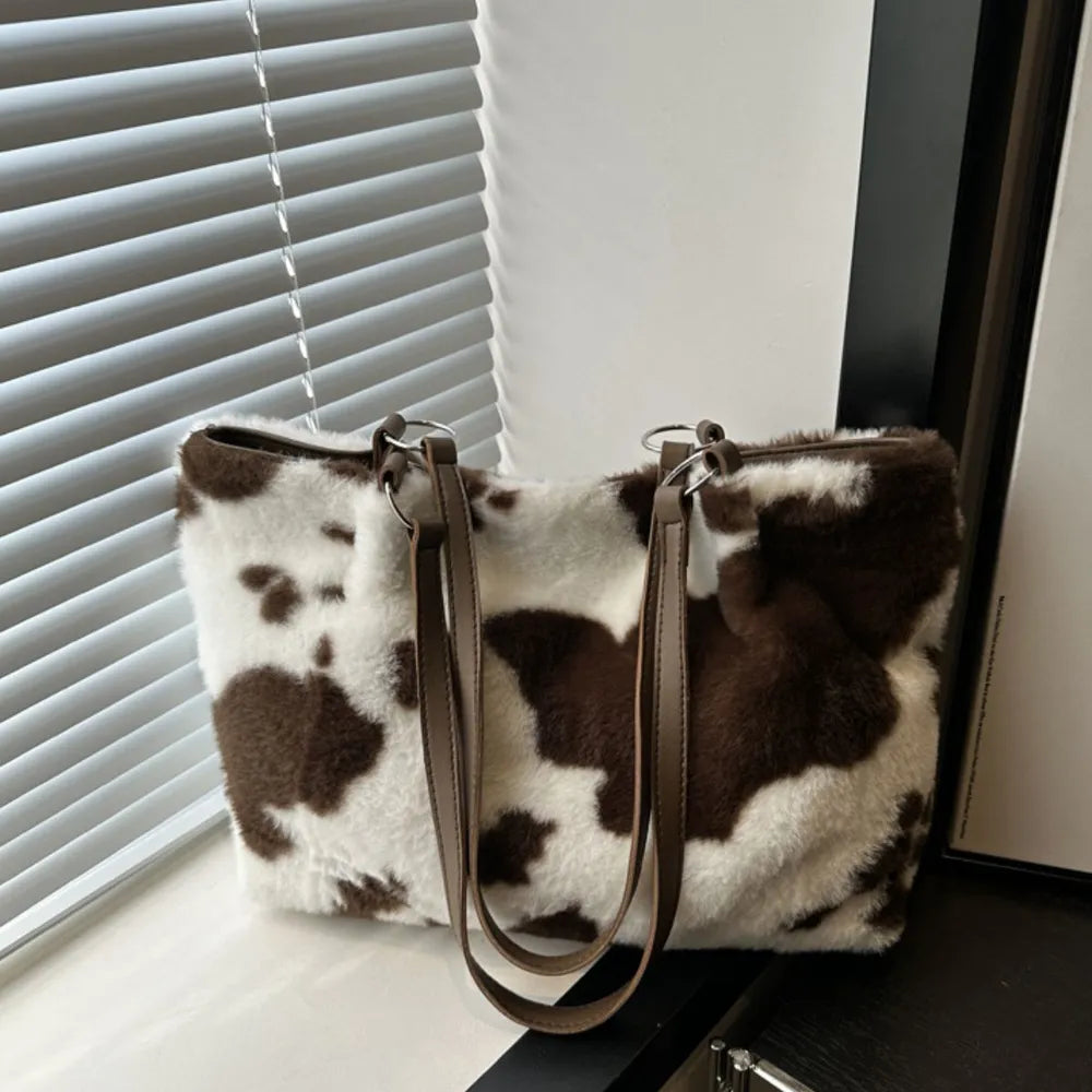 Cow Print Furry Tote Bag - Premium Tote Bag from Trendsi - Just $39.99! Shop now at Handbags Specialist Headquarter