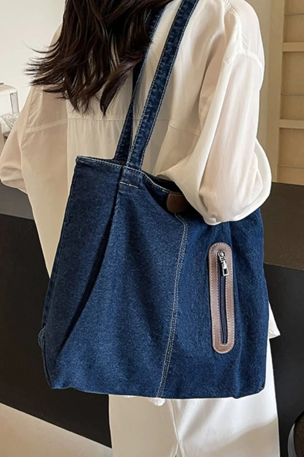 Medium Denim Tote Bag - Premium Tote Bag from Trendsi - Just $32.99! Shop now at Handbags Specialist Headquarter