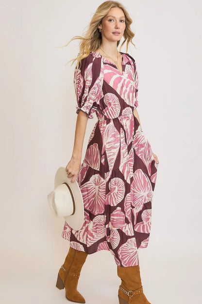 Umgee Full Size Printed Notched Puff Sleeve Midi Dress Plus Size - Premium Dresses from Trendsi - Just $64.99! Shop now at Handbags Specialist Headquarter