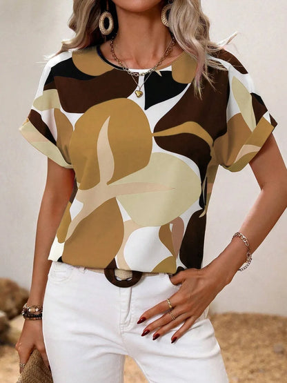 Contrast Round Neck Short Sleeve Blouse - Premium Tops from Trendsi - Just $23.06! Shop now at Handbags Specialist Headquarter