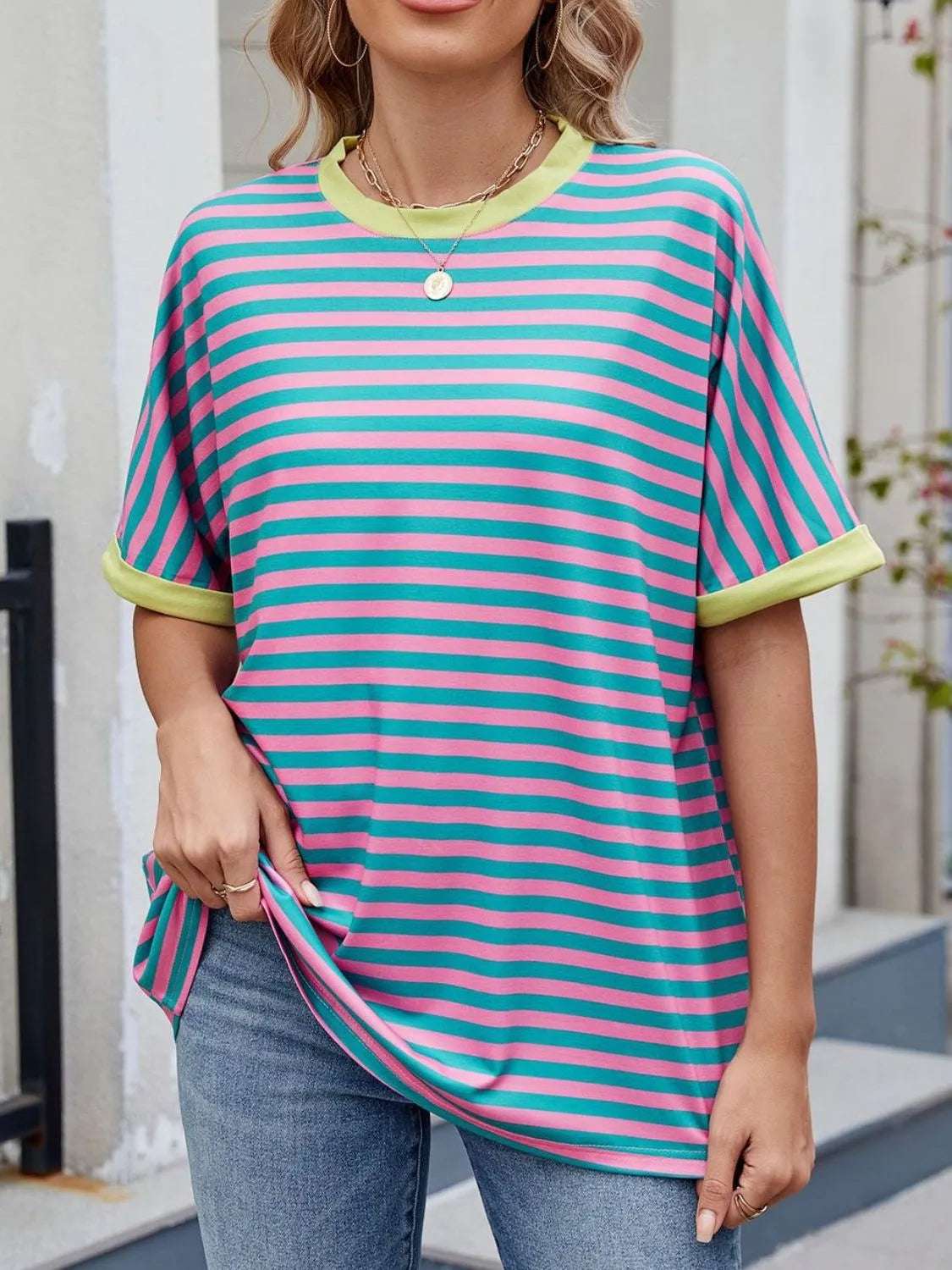Striped Round Neck Half Sleeve T-Shirt - Premium Women / Tops from Trendsi - Just $19.34! Shop now at Handbags Specialist Headquarter