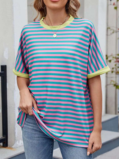Striped Round Neck Half Sleeve T-Shirt - Premium Women / Tops from Trendsi - Just $19.34! Shop now at Handbags Specialist Headquarter