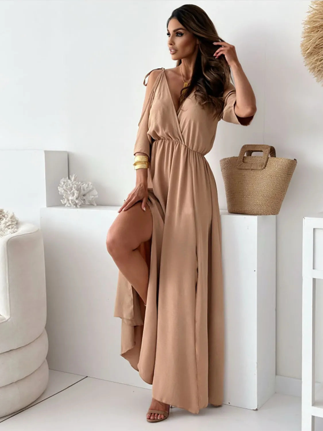 Tied Shoulder Slit Maxi Dress - Premium Maxi Dress from Trendsi - Just $34.99! Shop now at Handbags Specialist Headquarter