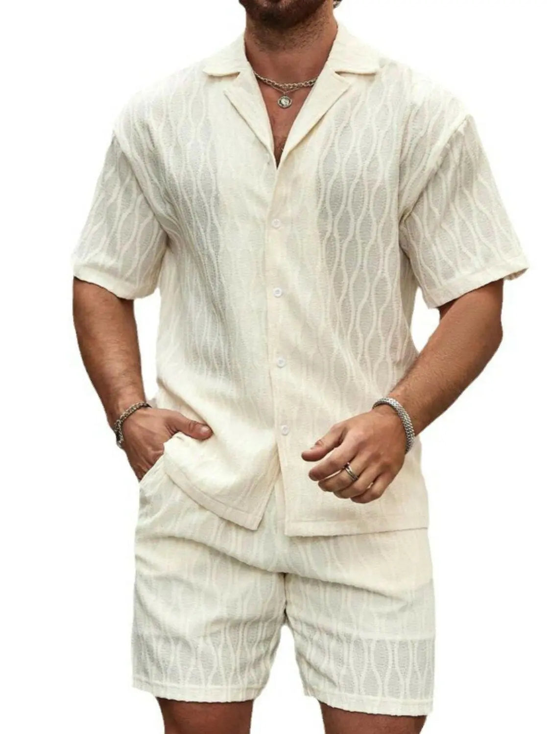 Men's Plus Size Collared Neck Short Sleeve Top and Shorts Set.