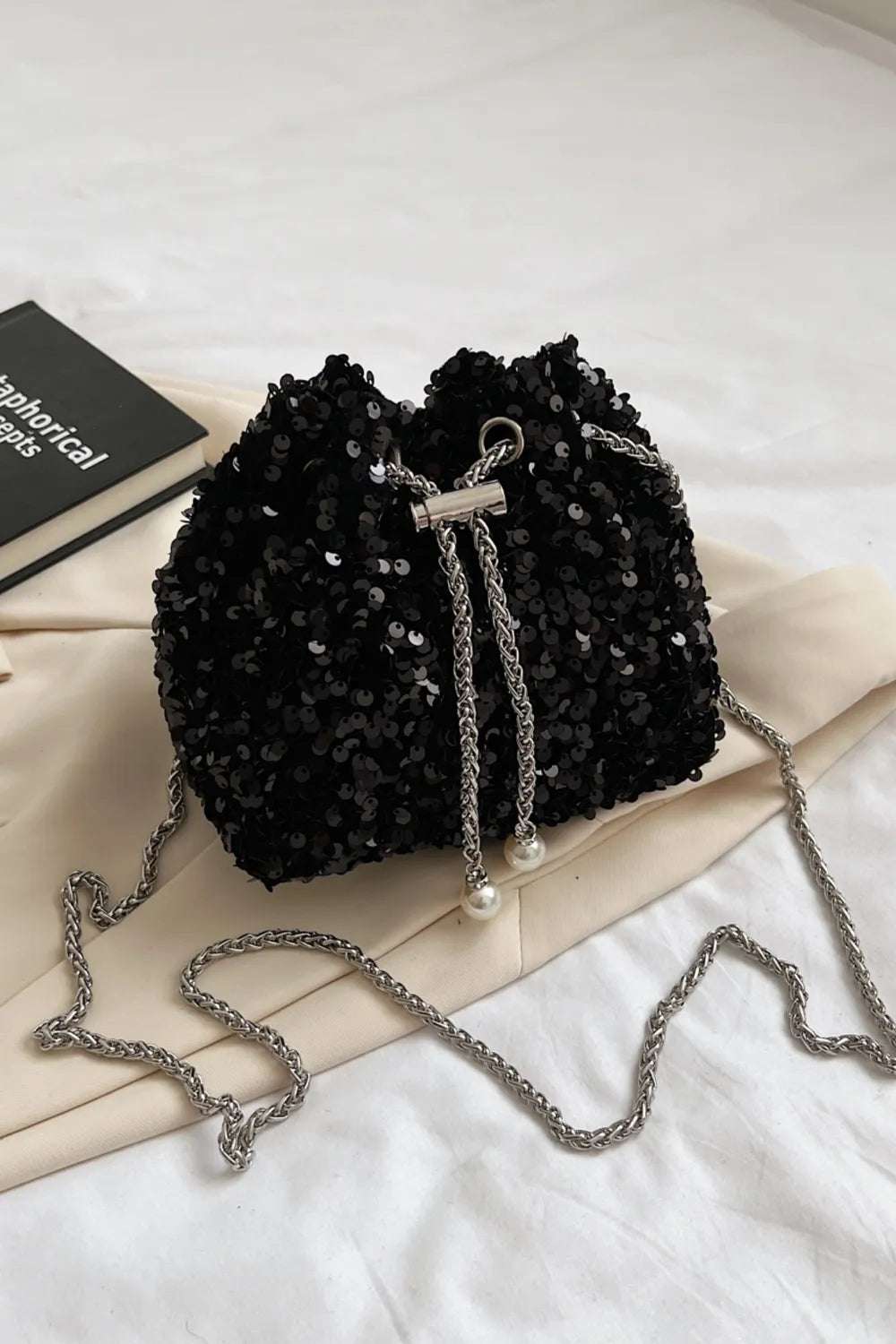 Sequin Chain Drawstring Bucket Bag - Premium Crossbody Bag from Trendsi - Just $21.99! Shop now at Handbags Specialist Headquarter