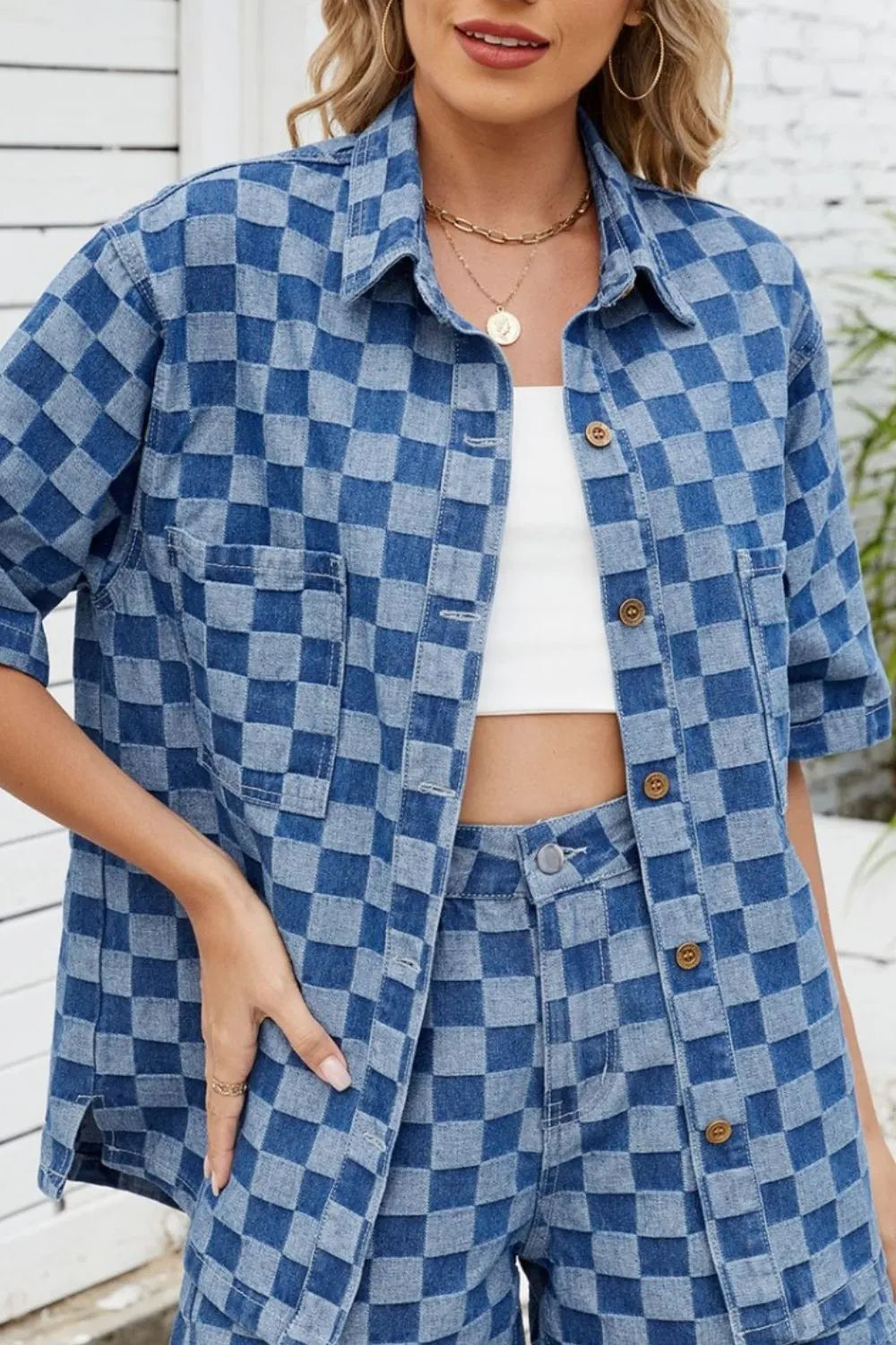 Button Down Checkered Denim Shirt - Premium Women / Jeans & Denim from Trendsi - Just $36! Shop now at Handbags Specialist Headquarter