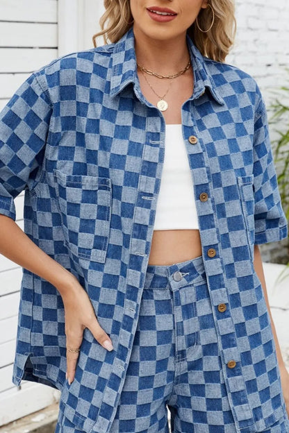 Button Down Checkered Denim Shirt - Premium Women / Jeans & Denim from Trendsi - Just $36! Shop now at Handbags Specialist Headquarter