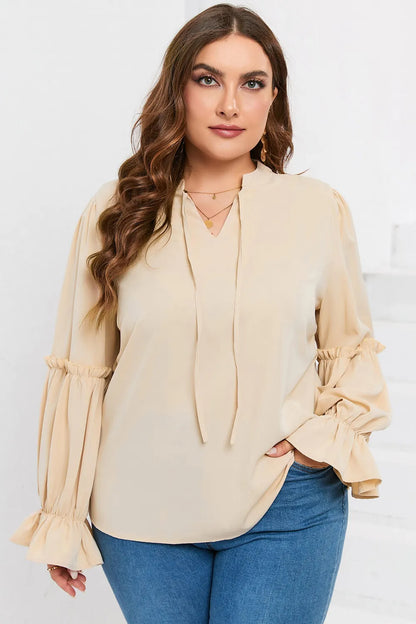 Plus Size Ruffled Tie Neck Flounce Sleeve Blouse - Premium Plus Size Shirts from Trendsi - Just $27! Shop now at Handbags Specialist Headquarter