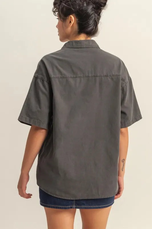 HYFVE Short Sleeve Button Down Oversized Shirt - Premium Women's Down Shirt Tops from Trendsi - Just $34.34! Shop now at Handbags Specialist Headquarter