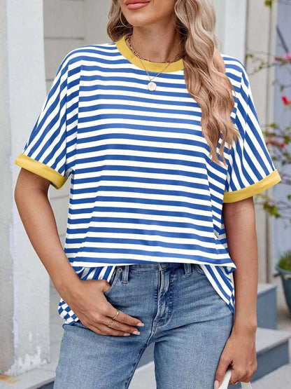 Striped Round Neck Half Sleeve T-Shirt - Premium Women / Tops from Trendsi - Just $19.34! Shop now at Handbags Specialist Headquarter