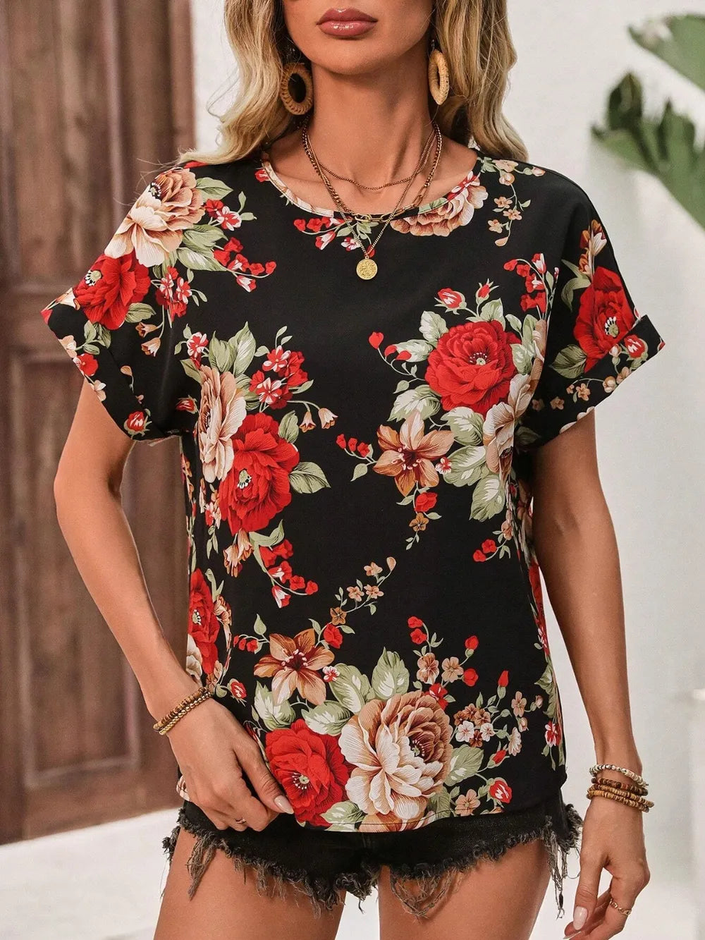 Contrast Round Neck Short Sleeve Blouse - Premium Tops from Trendsi - Just $23.06! Shop now at Handbags Specialist Headquarter
