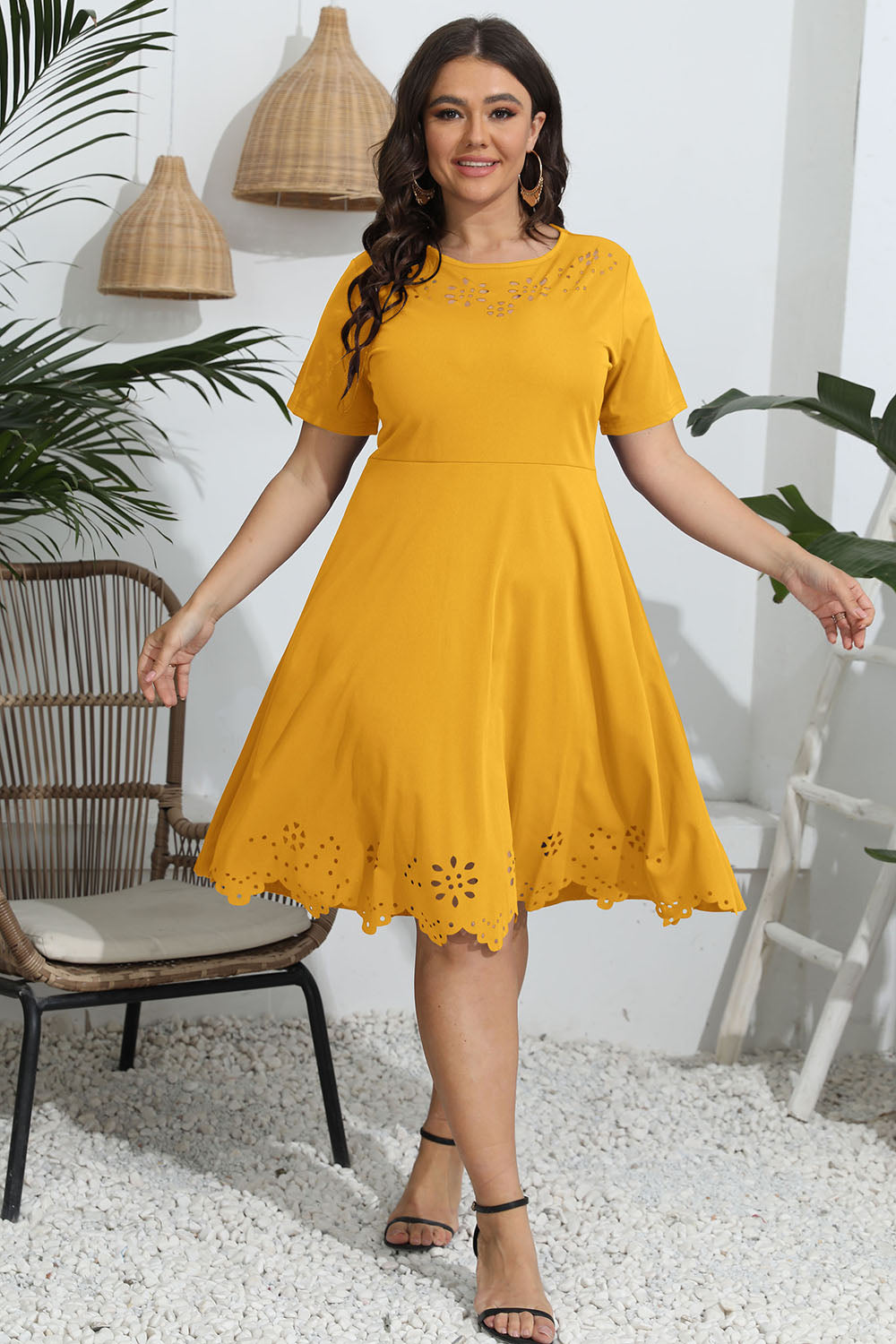 Plus Size Round Neck Openwork Dress - Premium Dresses from Trendsi - Just $30.99! Shop now at Handbags Specialist Headquarter