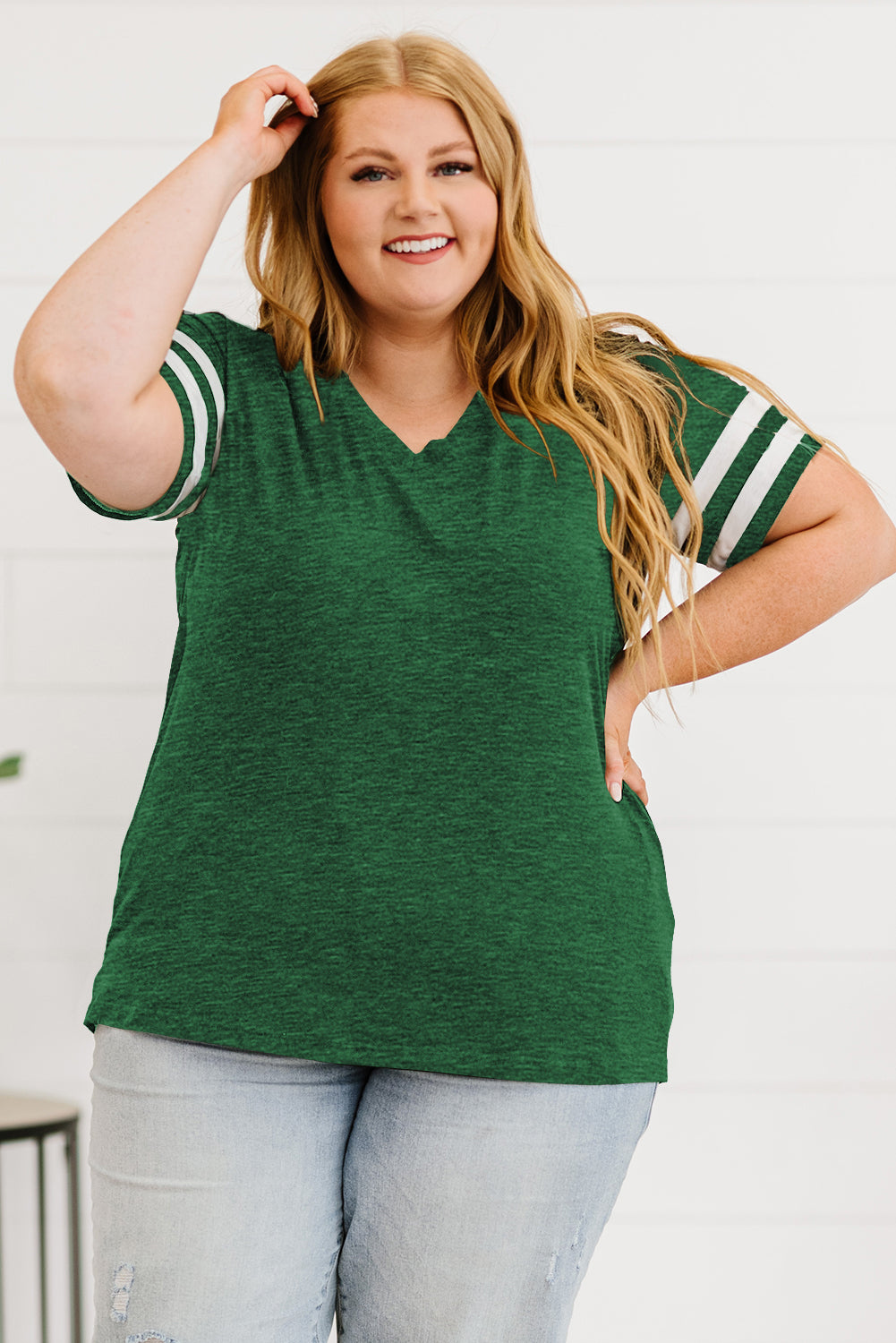 Plus Size Striped V-Neck Tee Shirt - Premium Plus Size Shirts from Trendsi - Just $26! Shop now at Handbags Specialist Headquarter