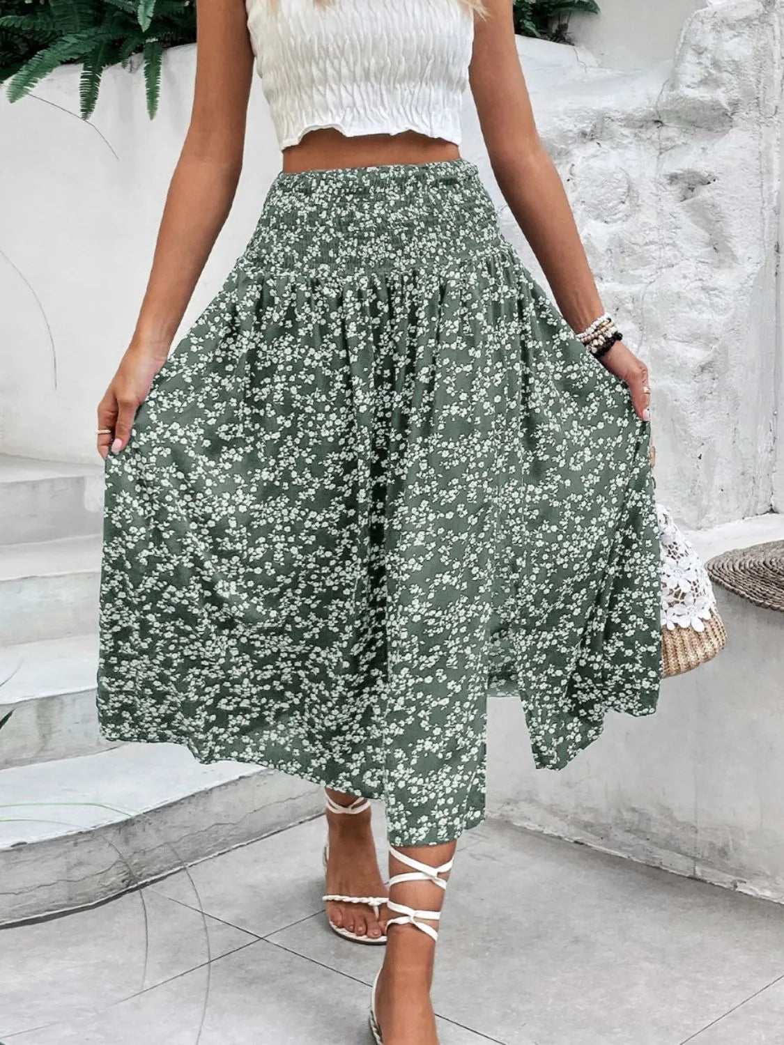 Slit Smocked Printed Skirt - Premium Skirts from Trendsi - Just $32.99! Shop now at Handbags Specialist Headquarter