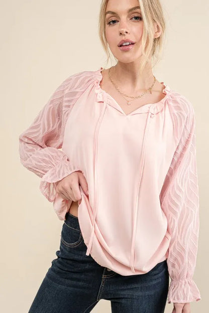 And The Why Leaves Shape Textured Sleeve Blouse - Premium Tops from Trendsi - Just $38.88! Shop now at Handbags Specialist Headquarter
