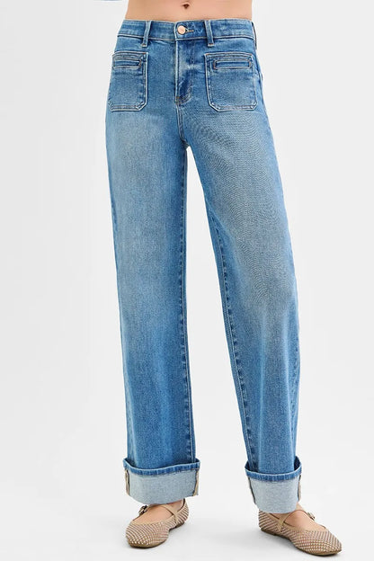 RISEN Full Size Elastic Band Mid Rise Wide Front Patch Pocket Cuff Jeans Plus Size - Premium Women / Jeans & Denim from Trendsi - Just $67.99! Shop now at Handbags Specialist Headquarter