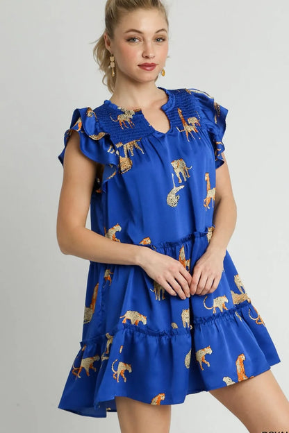 Umgee Full Size Cheetah Print Notched Ruffle Layered Cap Sleeve Mini Dress Plus Size - Premium Dresses from Trendsi - Just $53.99! Shop now at Handbags Specialist Headquarter