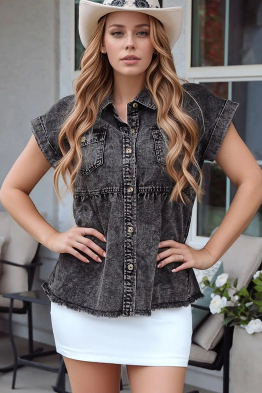 Short Sleeve Flap Pocket Button Up Raw Hem Denim Shirt - Premium Women / Jeans & Denim from Trendsi - Just $47.70! Shop now at Handbags Specialist Headquarter