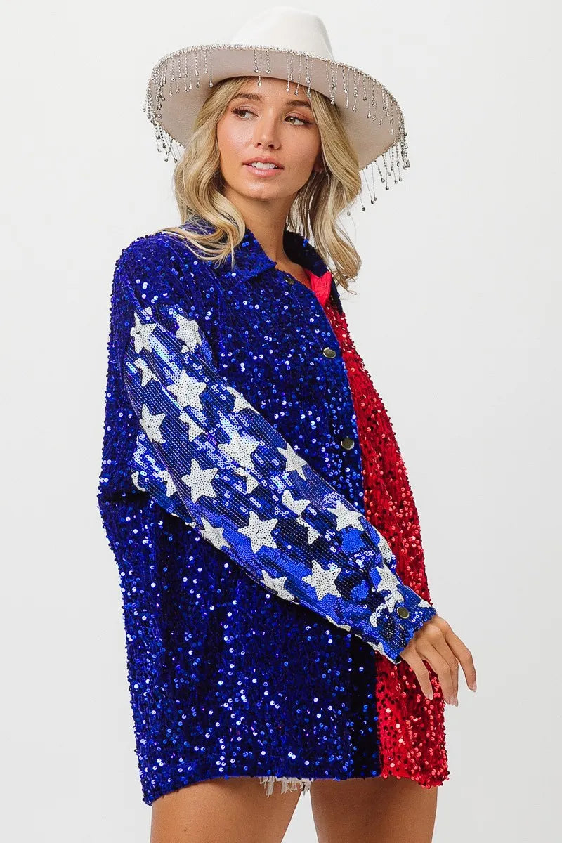 BiBi American Flag Sequin Snap Down Shirt - Premium Women / Jeans & Denim from Trendsi - Just $64.30! Shop now at Handbags Specialist Headquarter