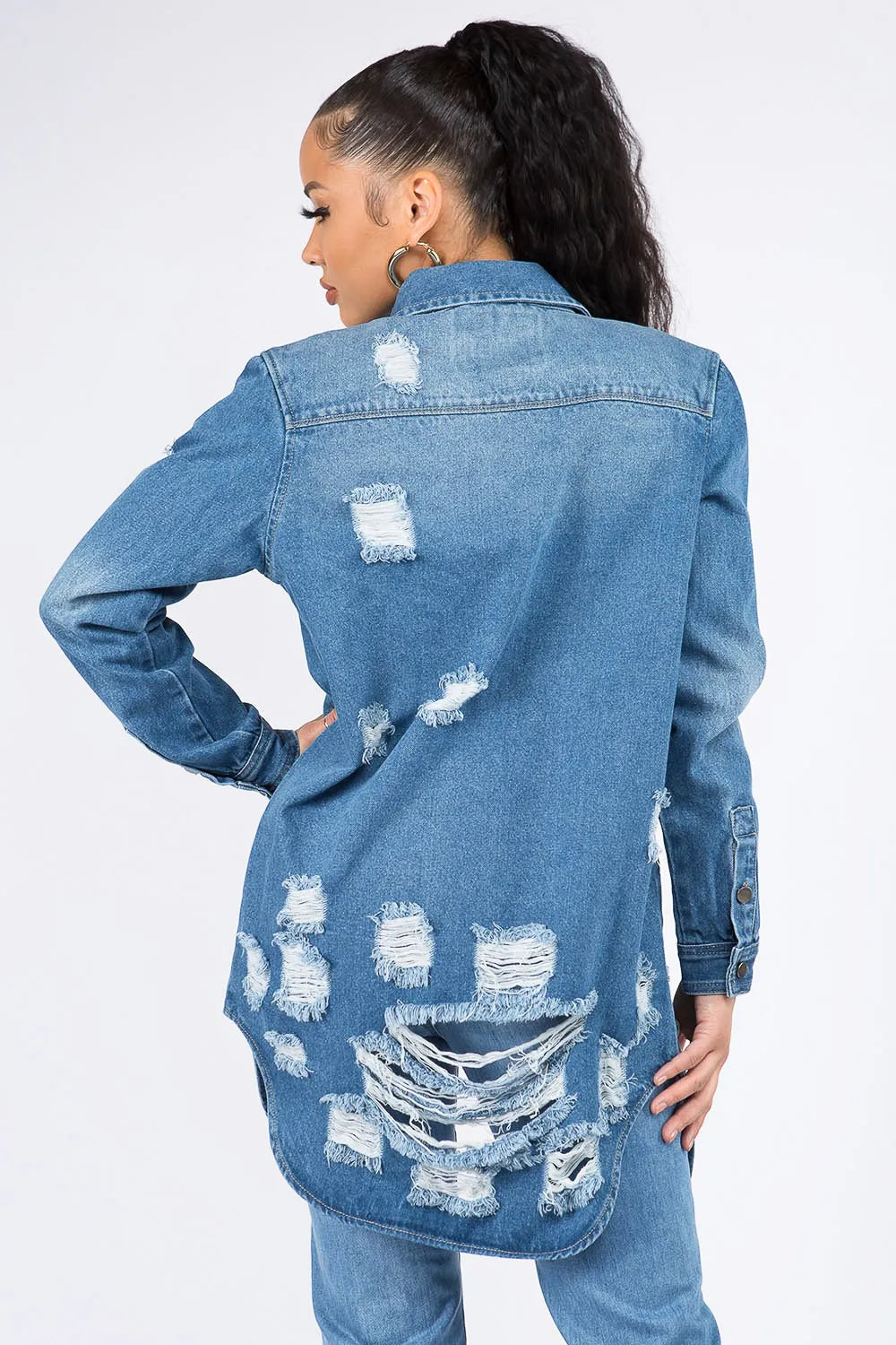 American Bazi Distressed Button Down Denim Shirt Jacket - Premium Women / Jeans & Denim from Trendsi - Just $30.74! Shop now at Handbags Specialist Headquarter