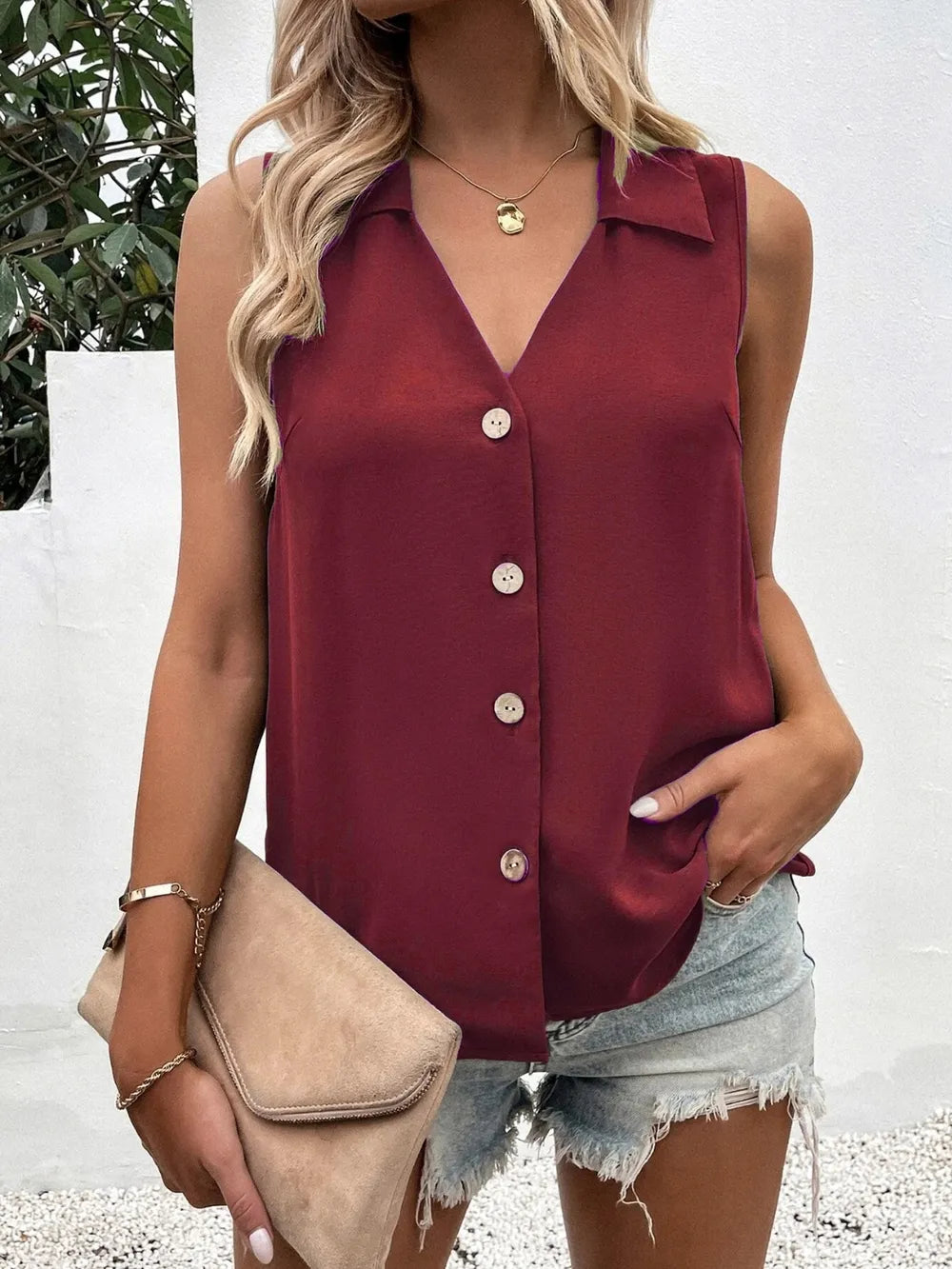 Full Size Johnny Collar Button Down Tank Plus Size - Premium Dresses from Trendsi - Just $20.99! Shop now at Handbags Specialist Headquarter
