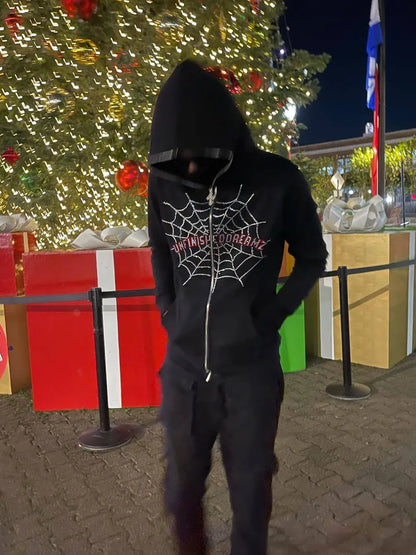 Men's Spider Web Rhinestones Zip-Up Hoodie - Premium Men's Sweatshirts from Trendsi - Just $39.02! Shop now at Handbags Specialist Headquarter