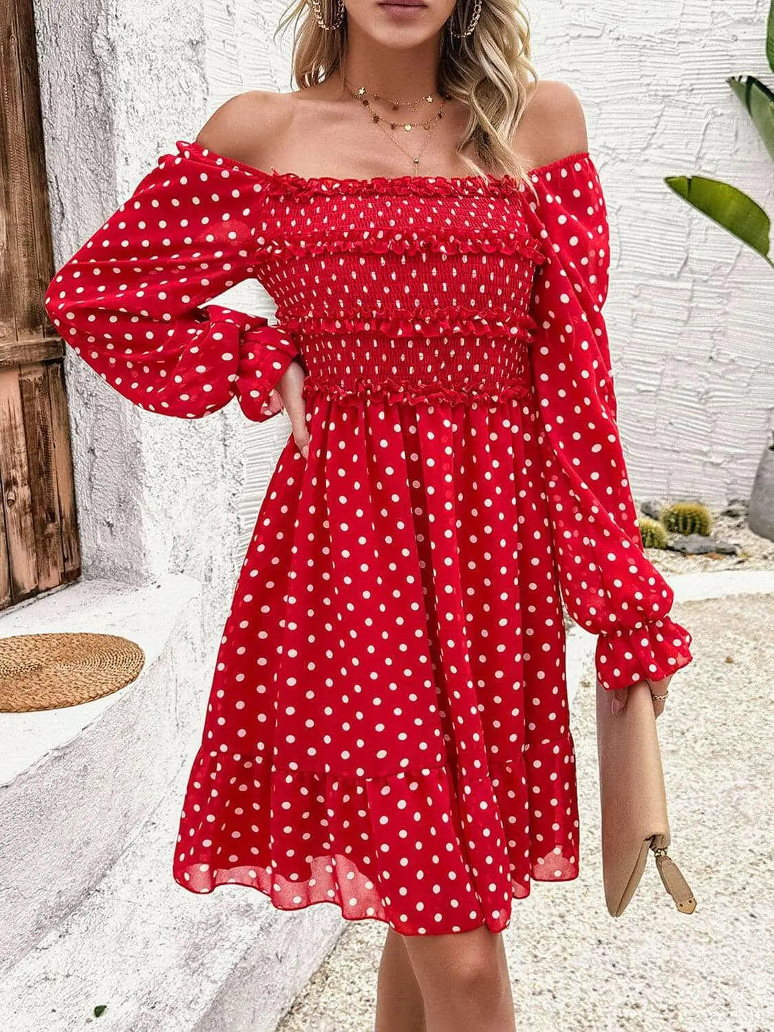Smocked Polka Dot Long Sleeve Dress.