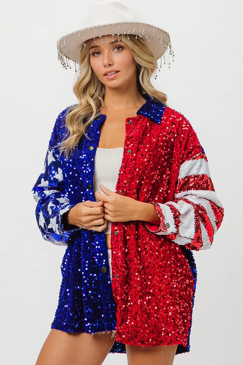 BiBi American Flag Sequin Snap Down Shirt - Premium Women / Jeans & Denim from Trendsi - Just $64.30! Shop now at Handbags Specialist Headquarter