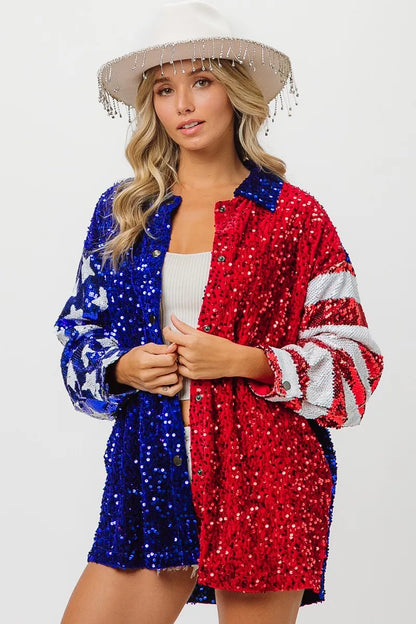 BiBi American Flag Sequin Snap Down Shirt - Premium Women / Jeans & Denim from Trendsi - Just $64.30! Shop now at Handbags Specialist Headquarter