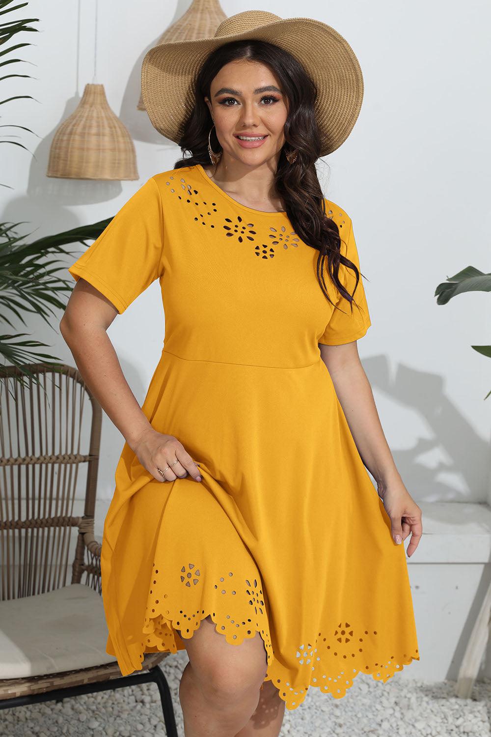 Plus Size Round Neck Openwork Dress - Premium Dresses from Trendsi - Just $30.99! Shop now at Handbags Specialist Headquarter