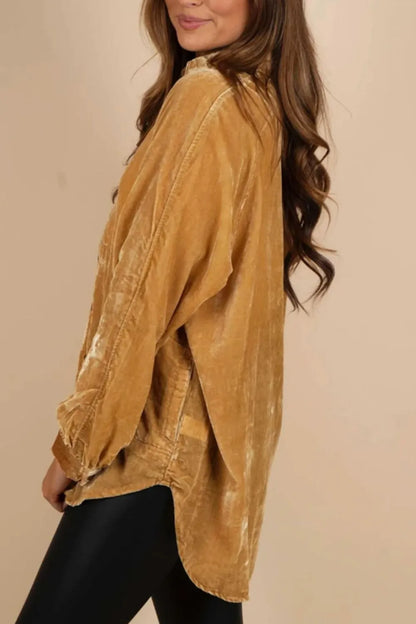 Button Down Loose Fit Velvet Shirt - Premium Women's Down Shirt Tops from Trendsi - Just $40.18! Shop now at Handbags Specialist Headquarter
