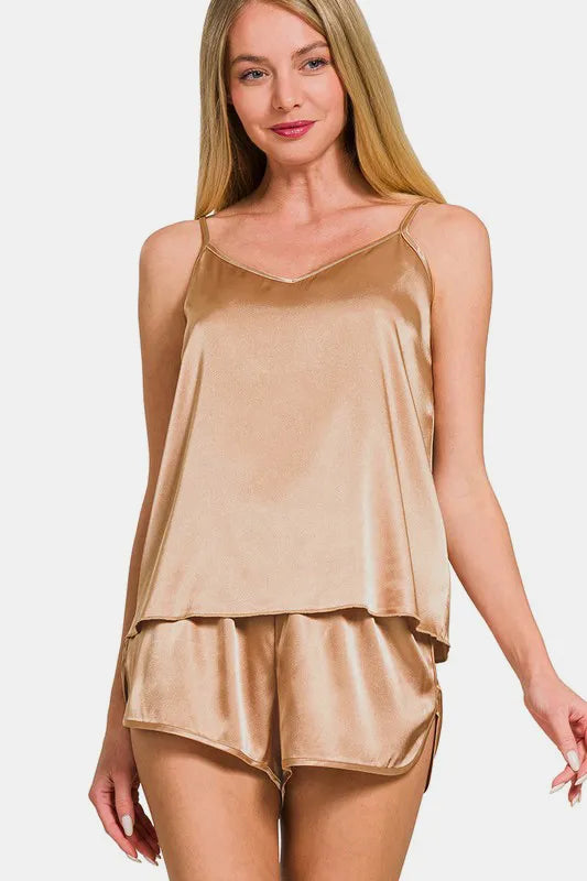 Zenana V-Neck Satin Cami and Elastic Waist Shorts Lounge Set - Premium Sleepwear from Trendsi - Just $23.99! Shop now at Handbags Specialist Headquarter