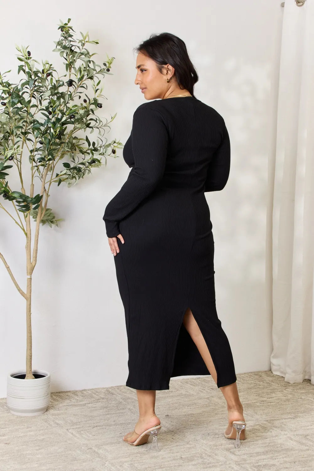 Culture Code Full Size Ribbed Long Sleeve Midi Slit Dress - Premium Dresses from Trendsi - Just $24.99! Shop now at Handbags Specialist Headquarter