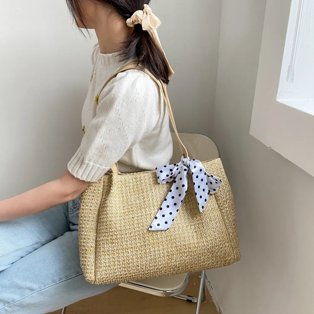 Straw Woven Leather Strap Handbag - Premium Handbags from Trendsi - Just $24.99! Shop now at Handbags Specialist Headquarter