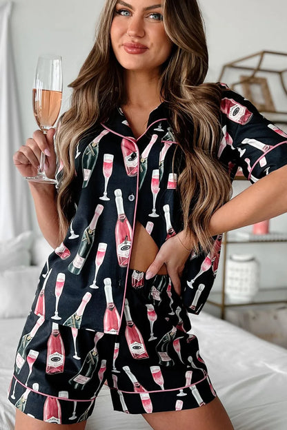 Champagne Print Short Sleeve Top and Shorts Set - Premium Sleepwear from Trendsi - Just $56.99! Shop now at Handbags Specialist Headquarter