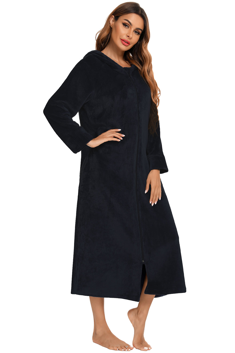Zip Front Hooded Night Dress with Pockets - Premium Sleepwear from Trendsi - Just $60.99! Shop now at Handbags Specialist Headquarter