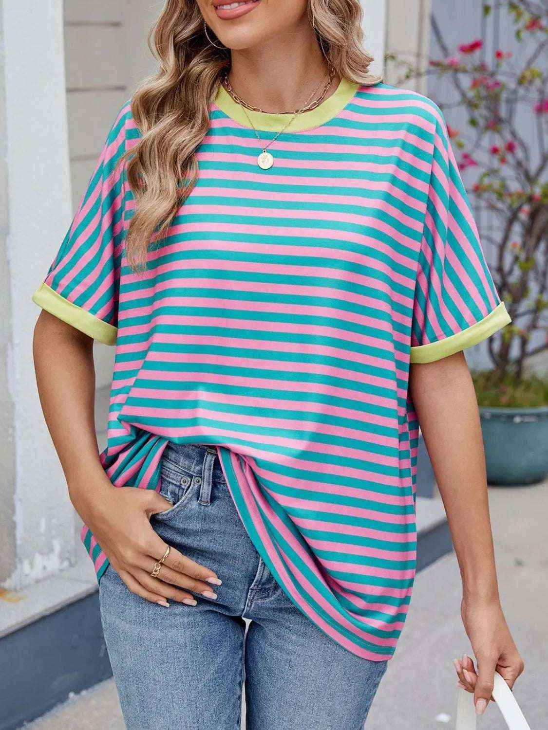 Striped Round Neck Half Sleeve T-Shirt - Premium Women / Tops from Trendsi - Just $19.34! Shop now at Handbags Specialist Headquarter