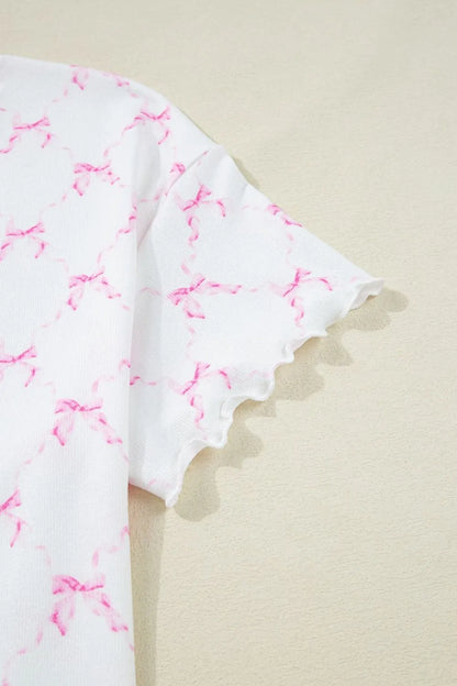 Bow Print Lettuce Trim Round Neck Top and Shorts Lounge Set - Premium Sleepwear from Trendsi - Just $32.14! Shop now at Handbags Specialist Headquarter