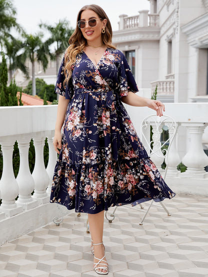 Honey Plus Size Floral Surplice Neck Midi Dress - Premium Dresses from Trendsi - Just $38.99! Shop now at Handbags Specialist Headquarter