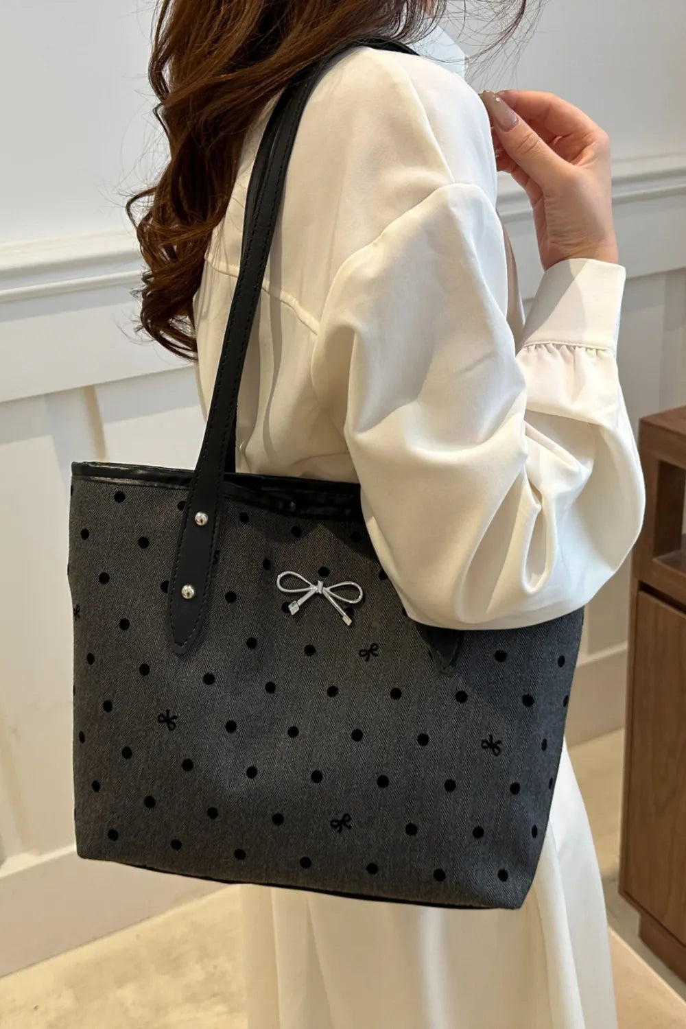 Bow Trim Polyester Tote Bag - Premium Tote Bag from Trendsi - Just $39.99! Shop now at Handbags Specialist Headquarter